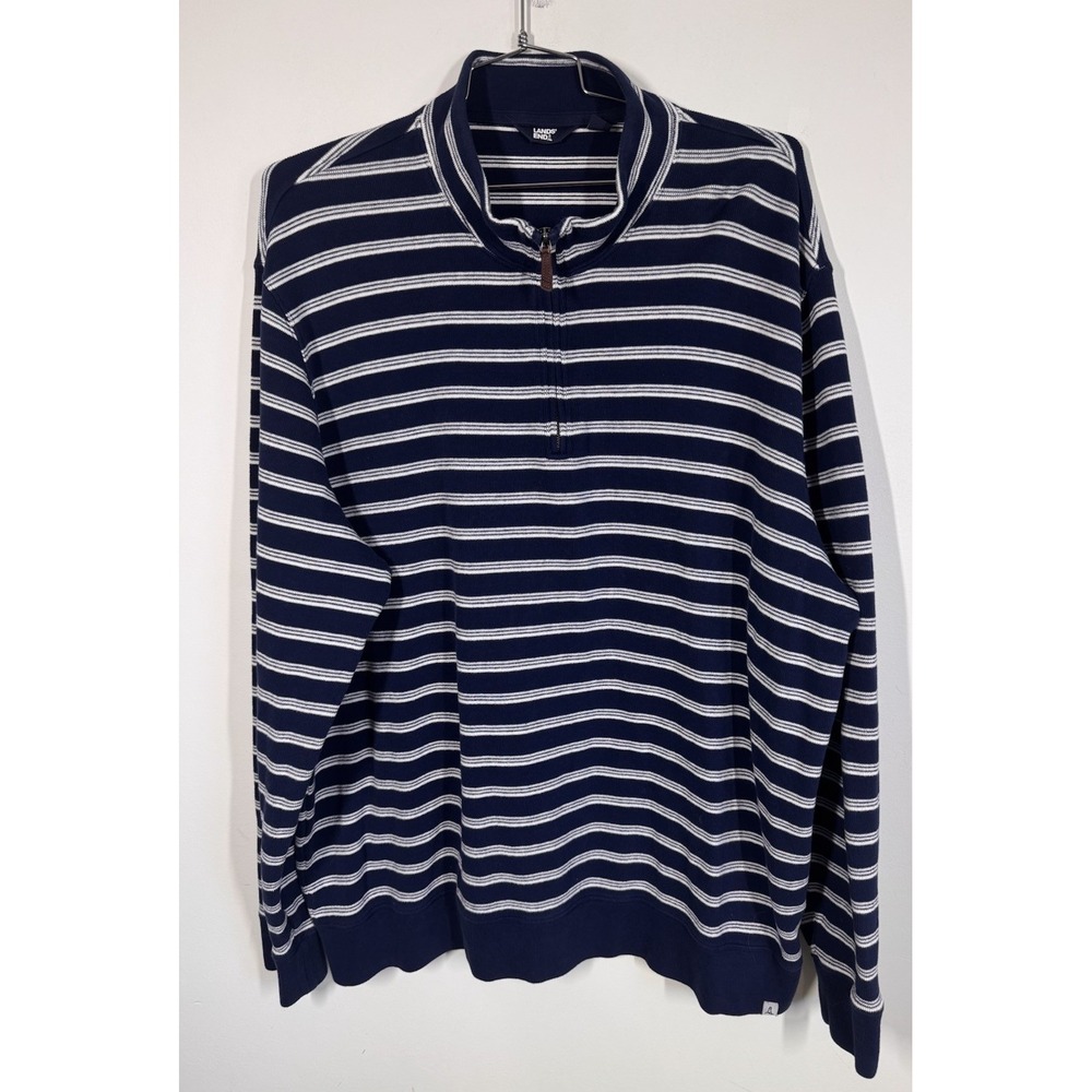 Lands End Blue And White Bedford Rib 1/4 Zip Pullover Sweater Mens 3XLT Casual